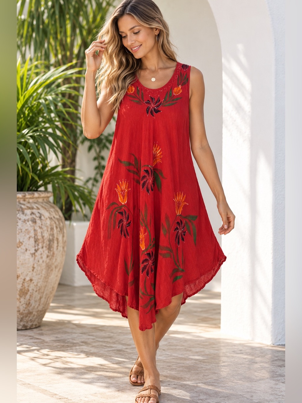 Shore Drive Red Floral Sleeveless Tunic Dress Free Size Cotton Viscose Boho